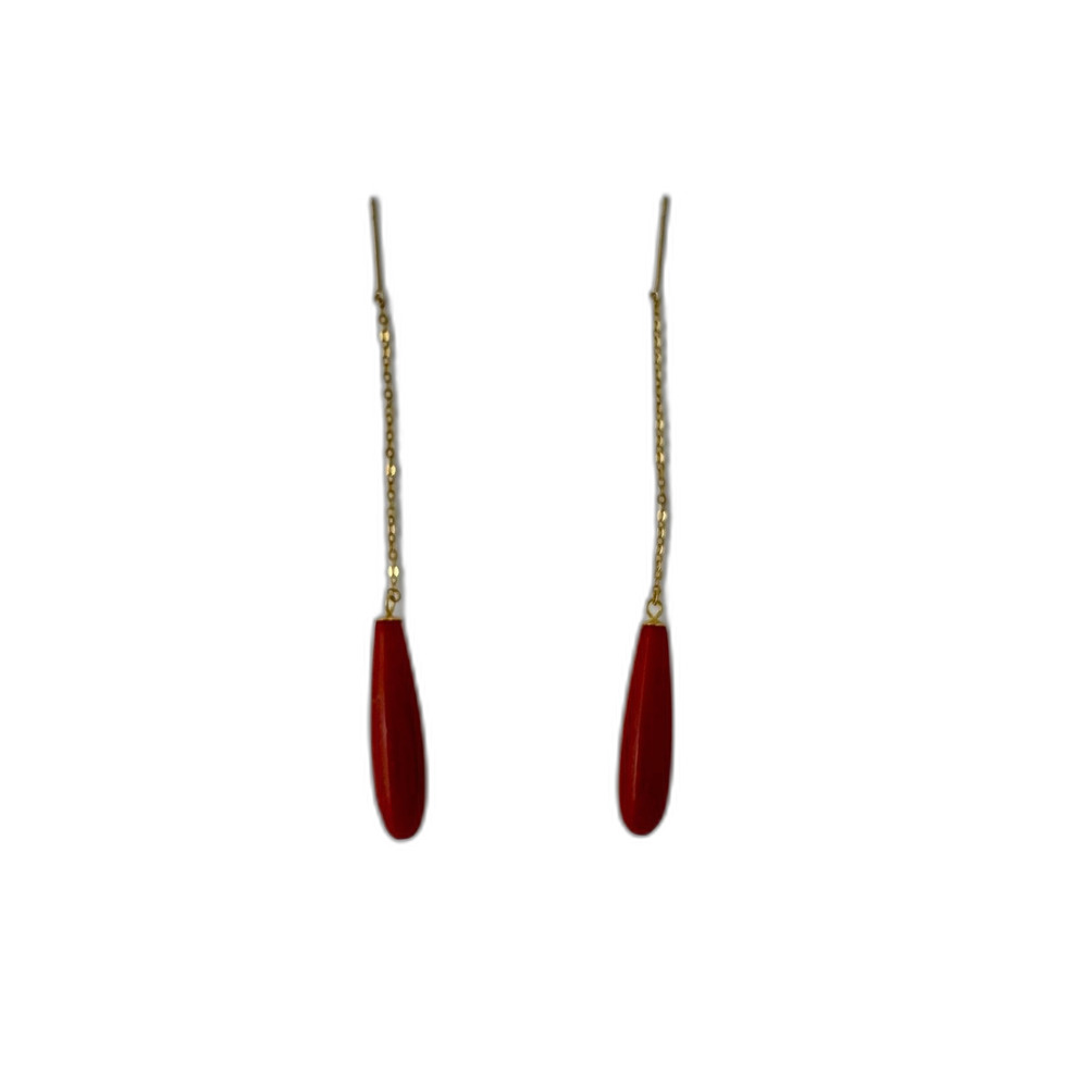 Solid 18K Gold Red Coral Teardrop Threader Dangle Earrings
